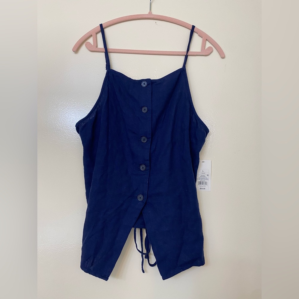 Navy Linen Blend Button Front Vest - Picture 4 of 5